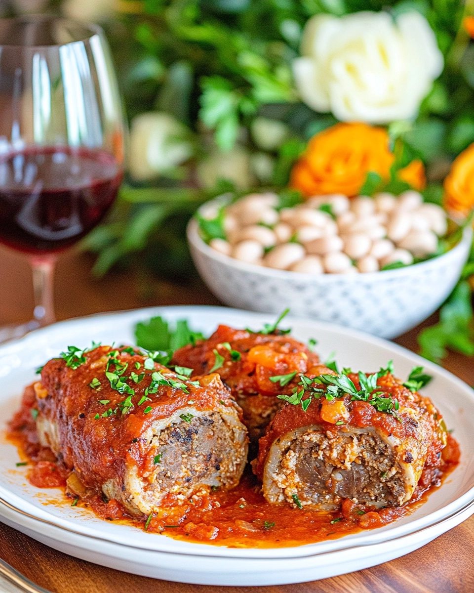 Italian braciole with tomato sauce served on a white plate with red wine and salad in the background