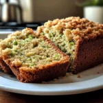 Freshly sliced zucchini bread loaf with crumb topping on a white plate in a cozy kitchen setting.