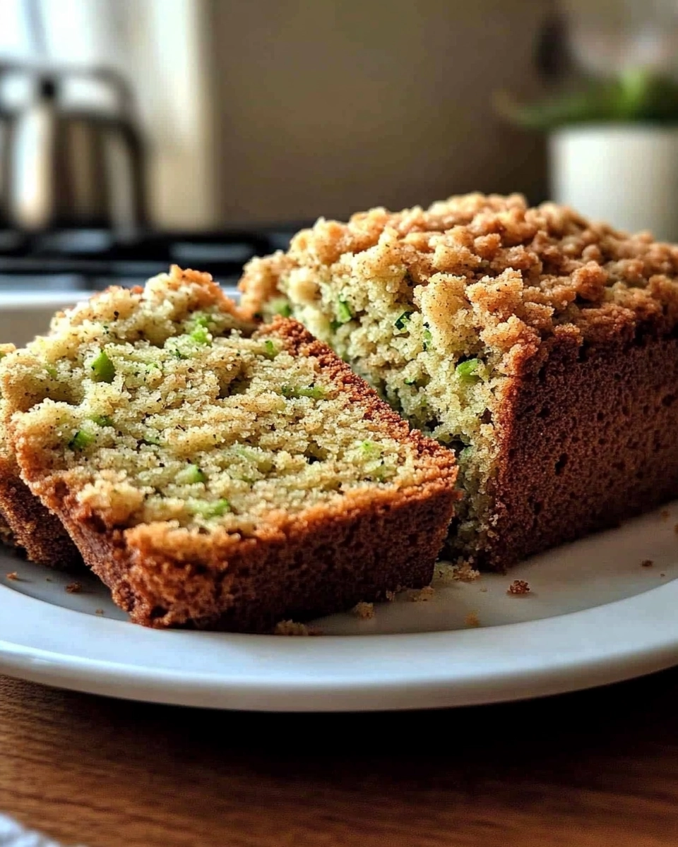 Freshly sliced zucchini bread loaf with crumb topping on a white plate in a cozy kitchen setting.