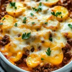 Cheesy beef and potato casserole baked with golden melted cheese and garnished with fresh parsley.