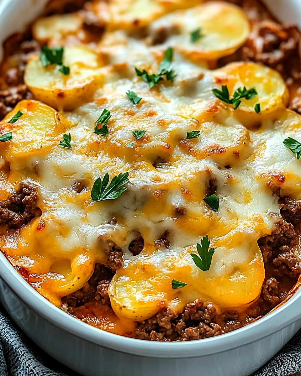 Cheesy beef and potato casserole baked with golden melted cheese and garnished with fresh parsley.