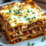 Close-up of a juicy, cheesy meat lasagna slice topped with herbs on a ceramic plate.