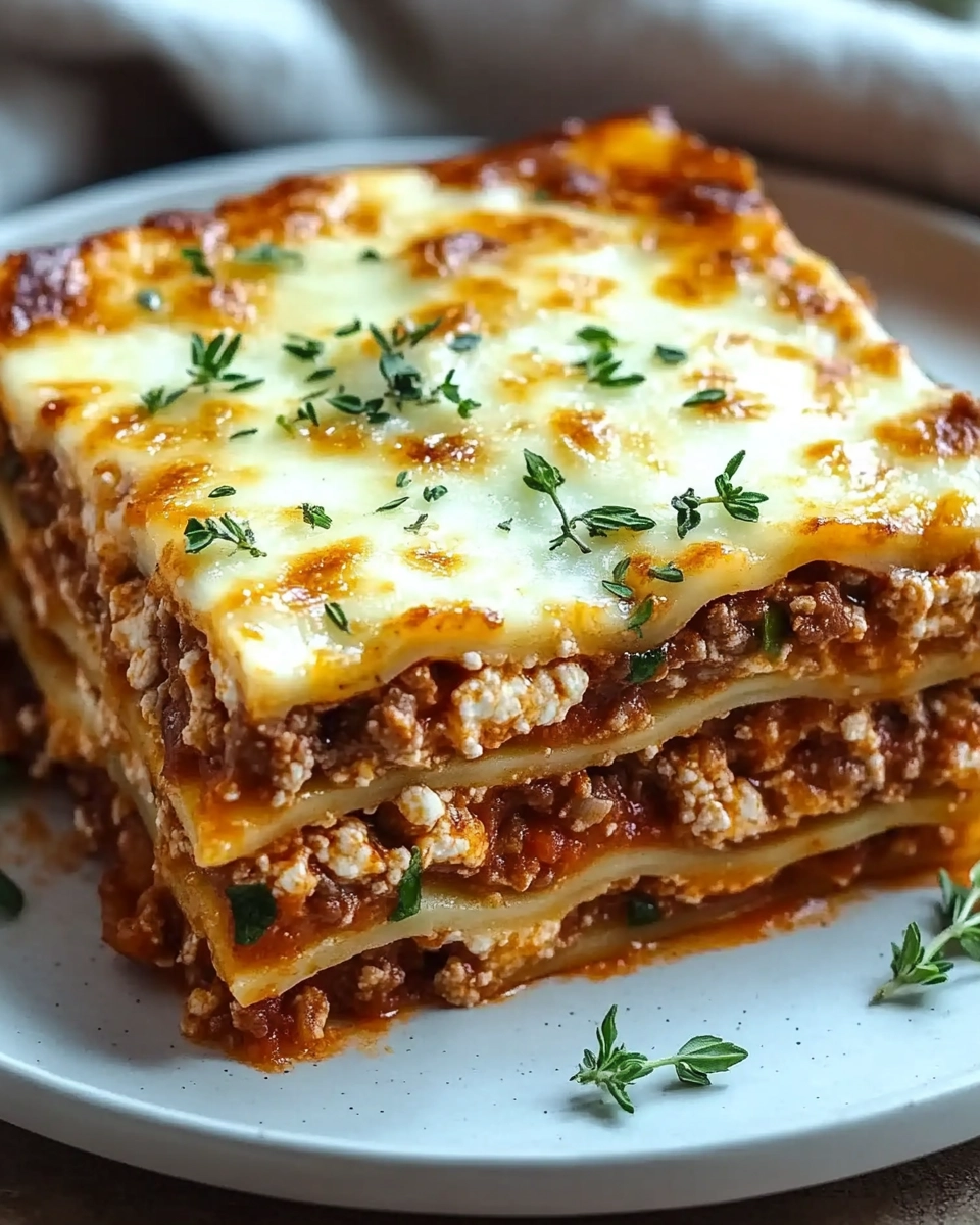 Close-up of a juicy, cheesy meat lasagna slice topped with herbs on a ceramic plate.