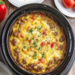 A hearty breakfast casserole in a black slow cooker, topped with sausage, cheese, red bell peppers, and fresh herbs, ready to serve.