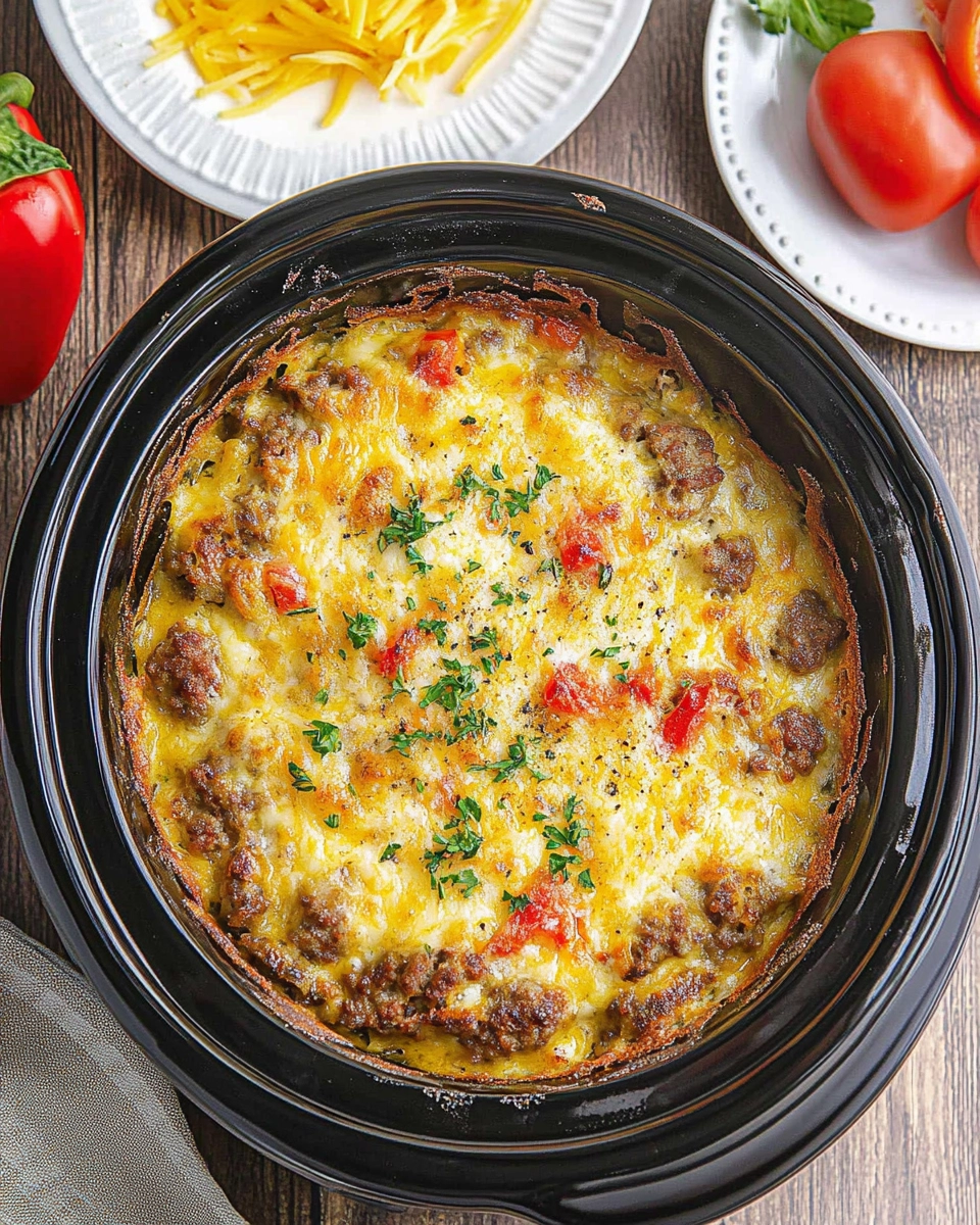 A hearty breakfast casserole in a black slow cooker, topped with sausage, cheese, red bell peppers, and fresh herbs, ready to serve.