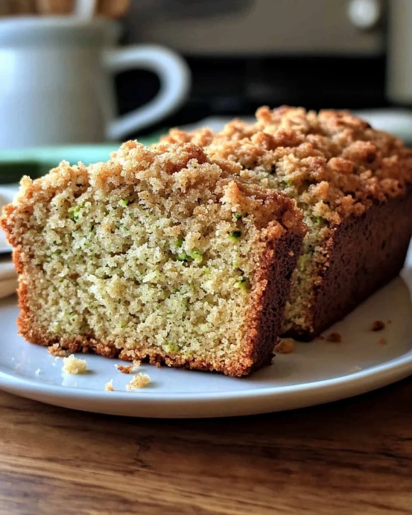 Zucchini bread loaf with cinnamon sugar crumb topping on a white plate, sliced to show moist interior.

