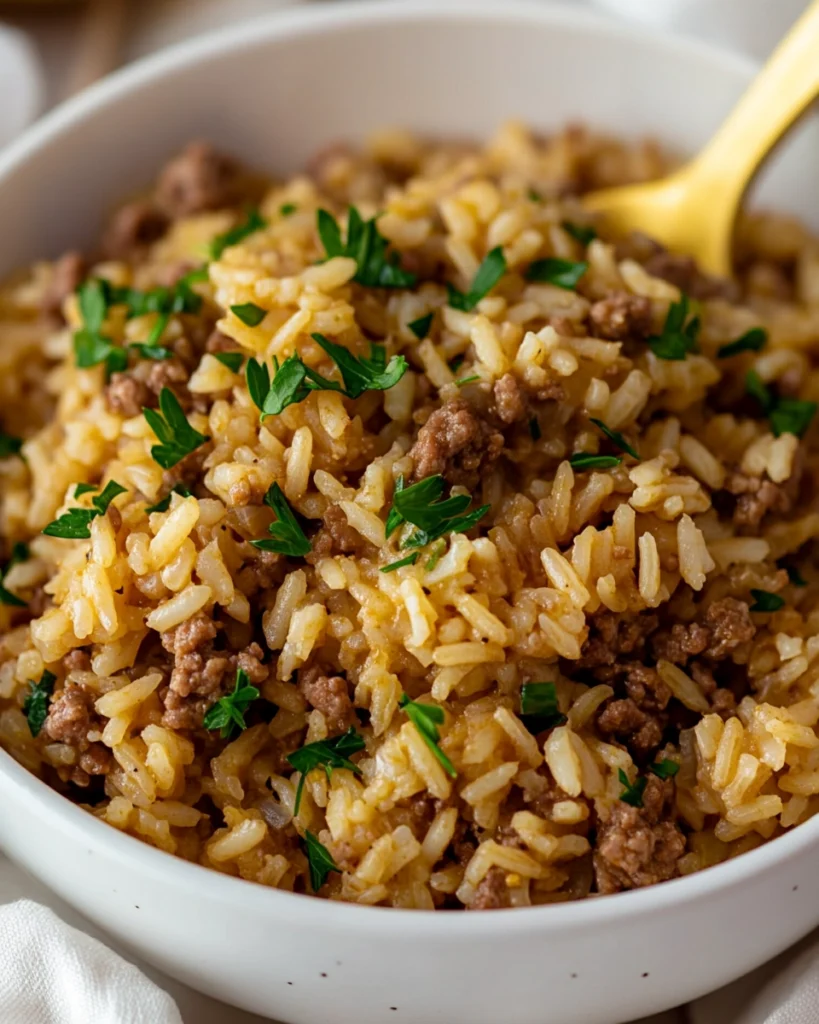 Close-up of ground beef and rice in a white bowl garnished with parsley.