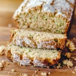 Sliced zucchini bread with cinnamon sugar crust on a wooden board