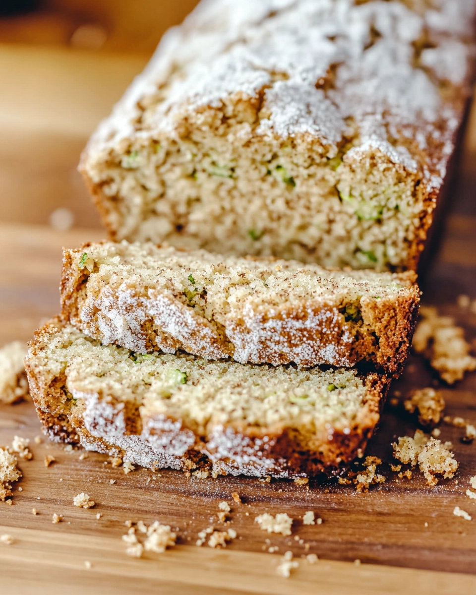 Sliced zucchini bread with cinnamon sugar crust on a wooden board