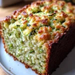 Thick slice of golden zucchini bread with a moist, fluffy crumb and fresh zucchini strands.