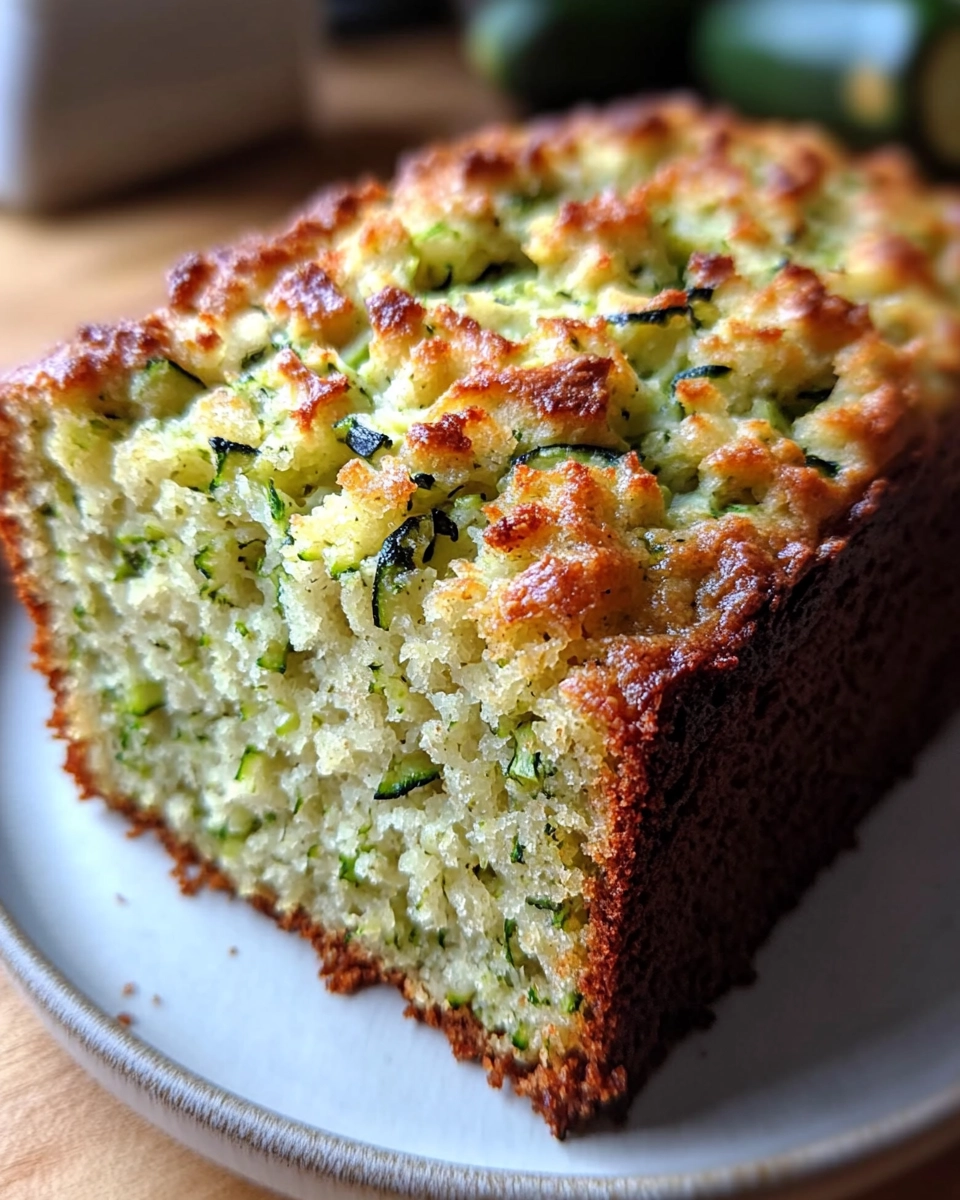 Thick slice of golden zucchini bread with a moist, fluffy crumb and fresh zucchini strands.