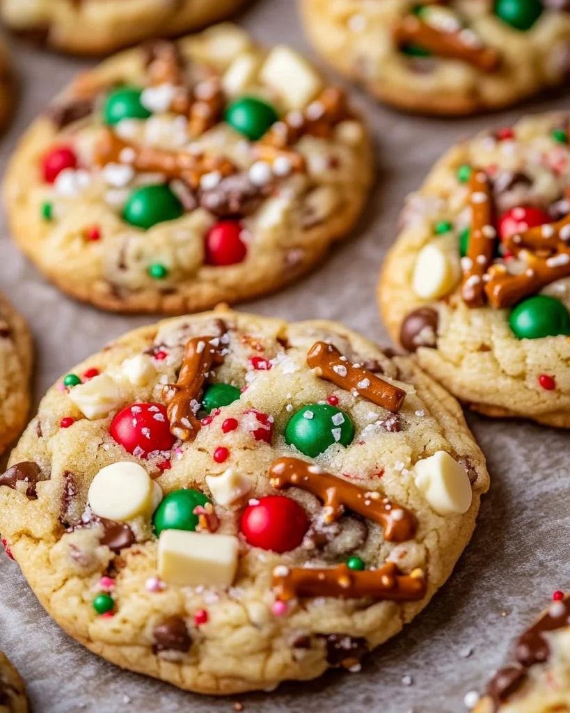 Christmas cookies with M&Ms, white chocolate chips, pretzels, and holiday sprinkles on parchment paper.