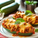 Cheesy zucchini boats stuffed with ground meat and marinara on a white plate with basil garnish.