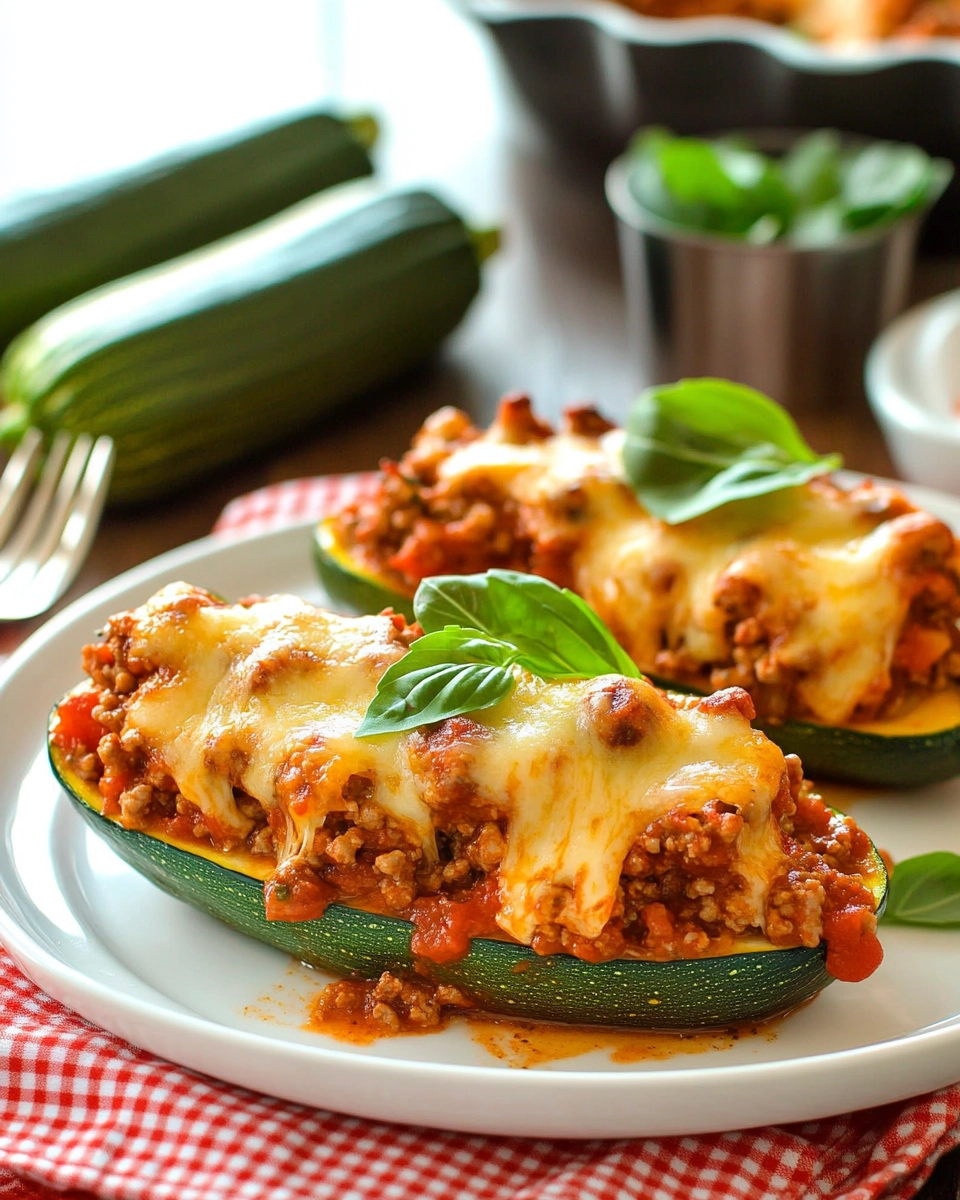 Cheesy zucchini boats stuffed with ground meat and marinara on a white plate with basil garnish.