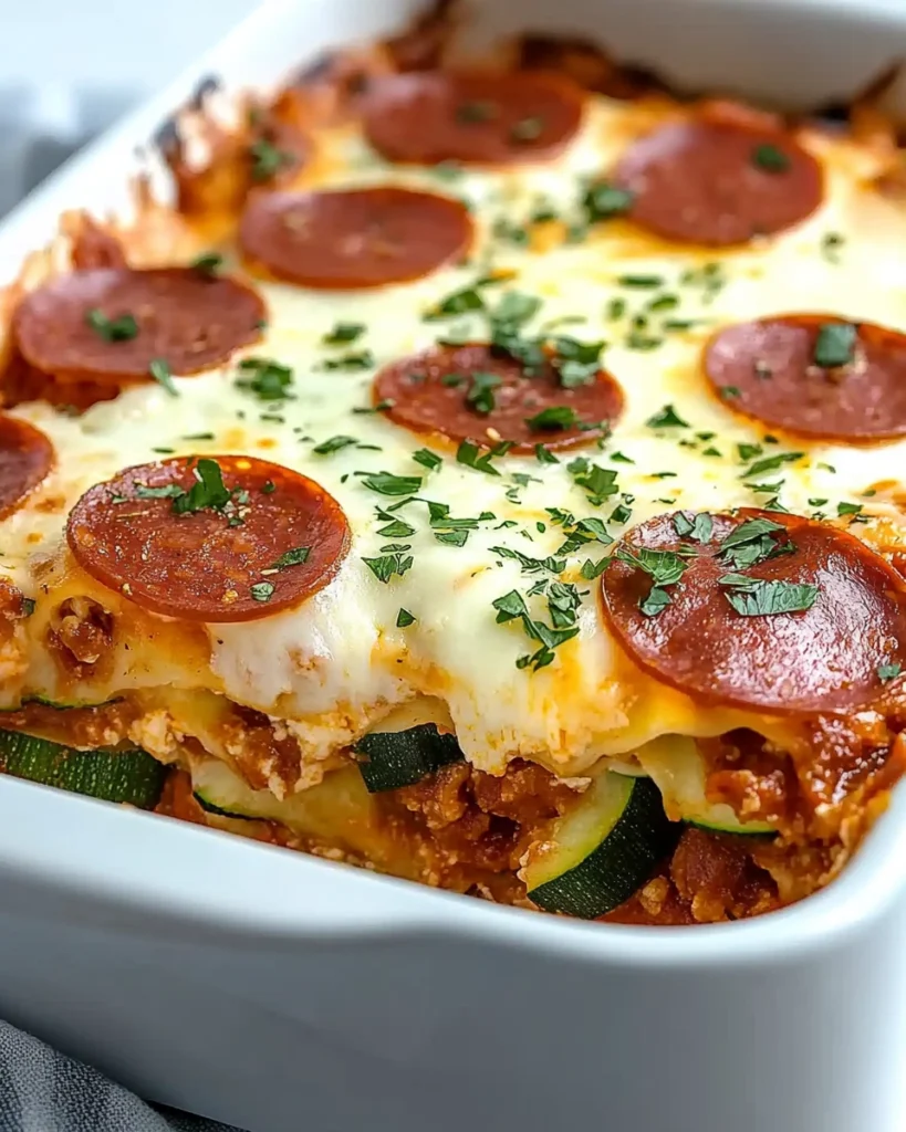 Close-up of cheesy pepperoni zucchini lasagna with melted mozzarella and fresh herbs in a white dish.