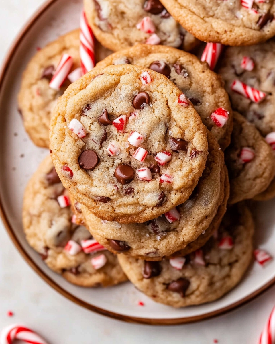 Close-up of peppermint chocolate chip cookies topped with crushed candy canes on a white ceramic plate.