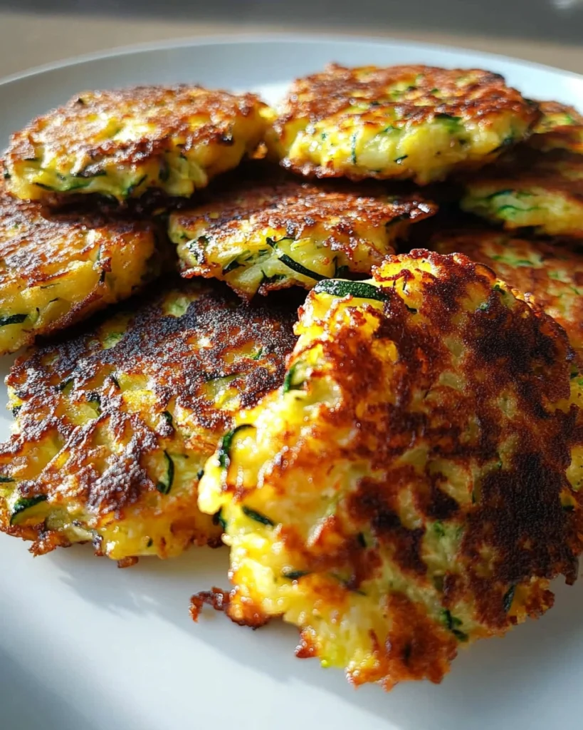 Golden brown zucchini fritters stacked on a white plate under warm indoor lighting