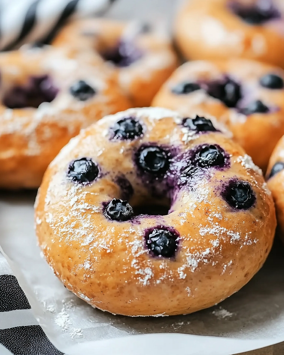 Golden blueberry bagels with baked-in berries and a light flour dusting on parchment