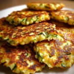 Pile of golden crispy zucchini fritters on a white plate with sunlight casting shadows