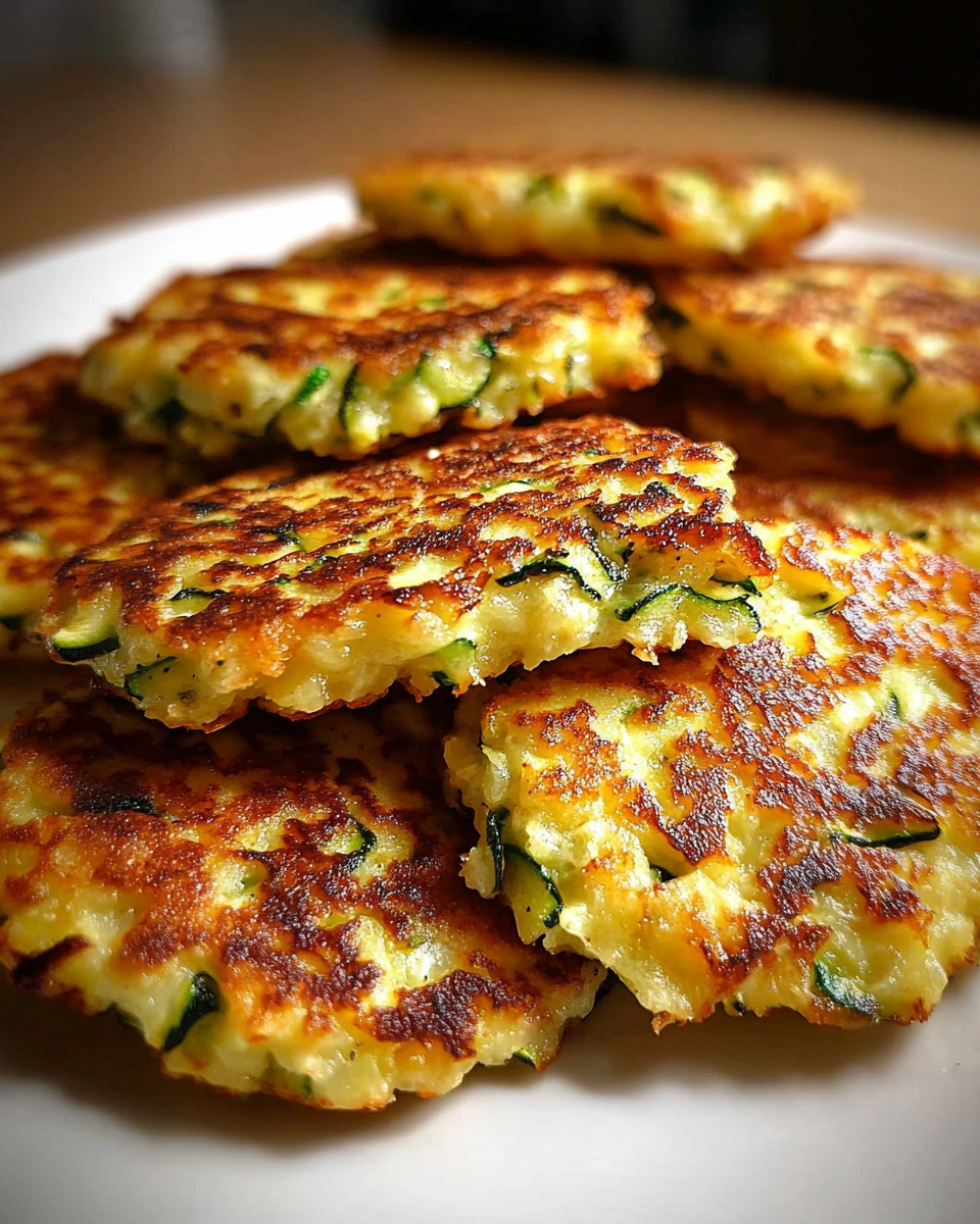 Pile of golden crispy zucchini fritters on a white plate with sunlight casting shadows