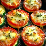 Cheesy baked zucchini and tomato rounds fresh out of the oven, topped with herbs.