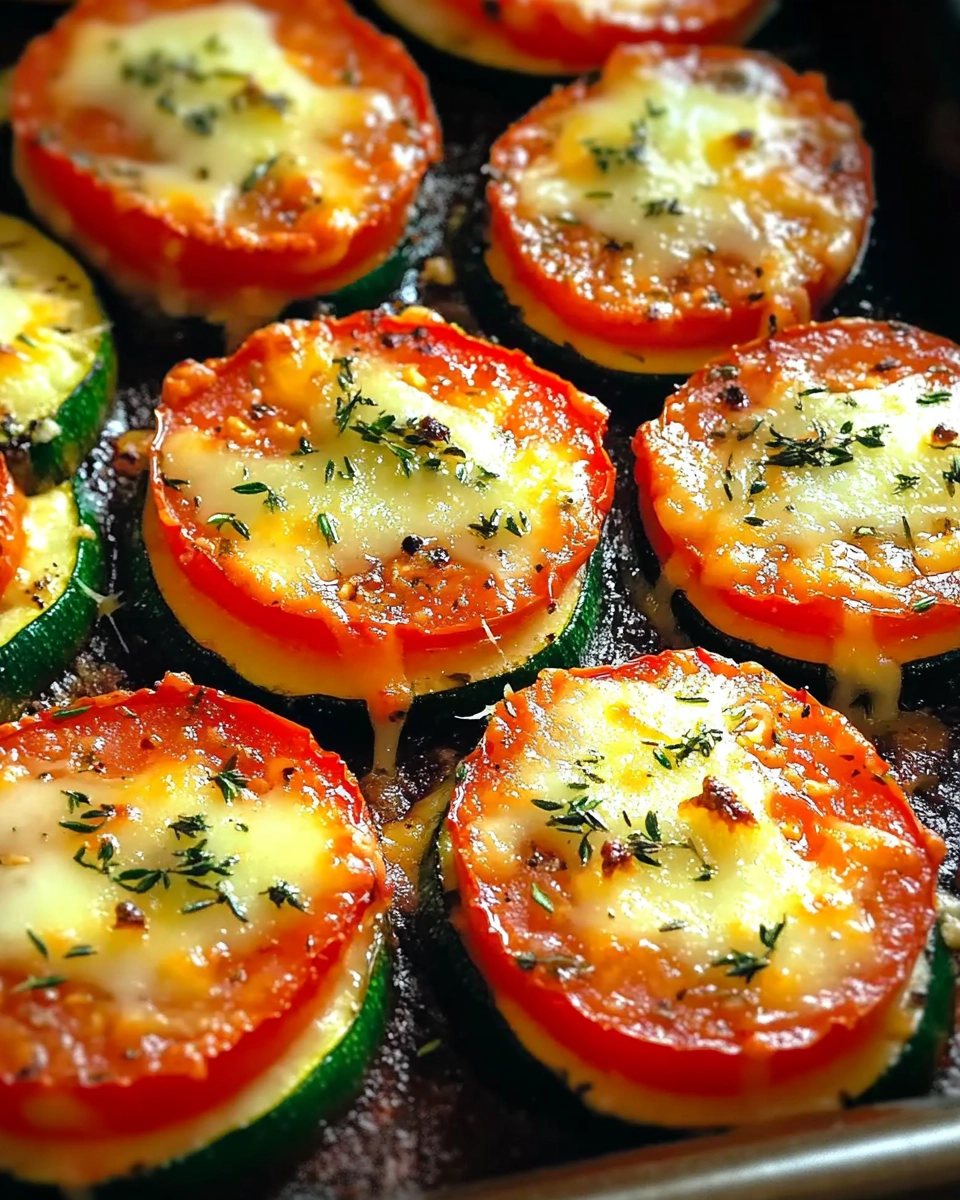 Cheesy baked zucchini and tomato rounds fresh out of the oven, topped with herbs.