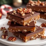 Stacked chocolate toffee bars with chopped pecans and a rich caramel center on a festive plate.