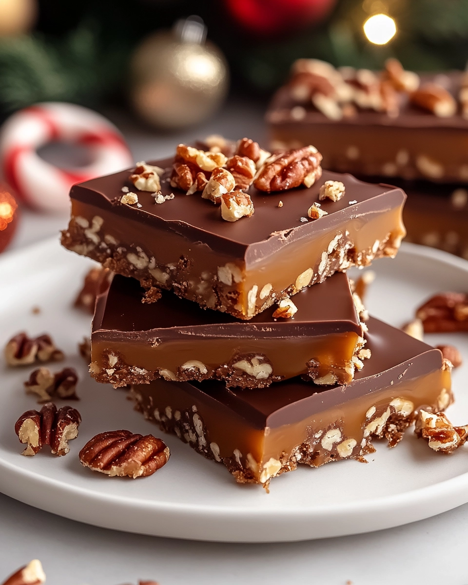 Stacked chocolate toffee bars with chopped pecans and a rich caramel center on a festive plate.