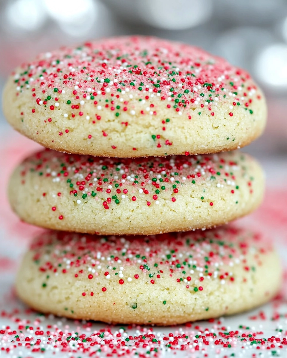 Close-up of three sugar cookies stacked with red and green sprinkles on a sprinkle-covered surface.