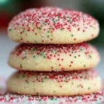 Stack of three sugar cookies with red and green sprinkles on a festive sprinkle-dusted surface.