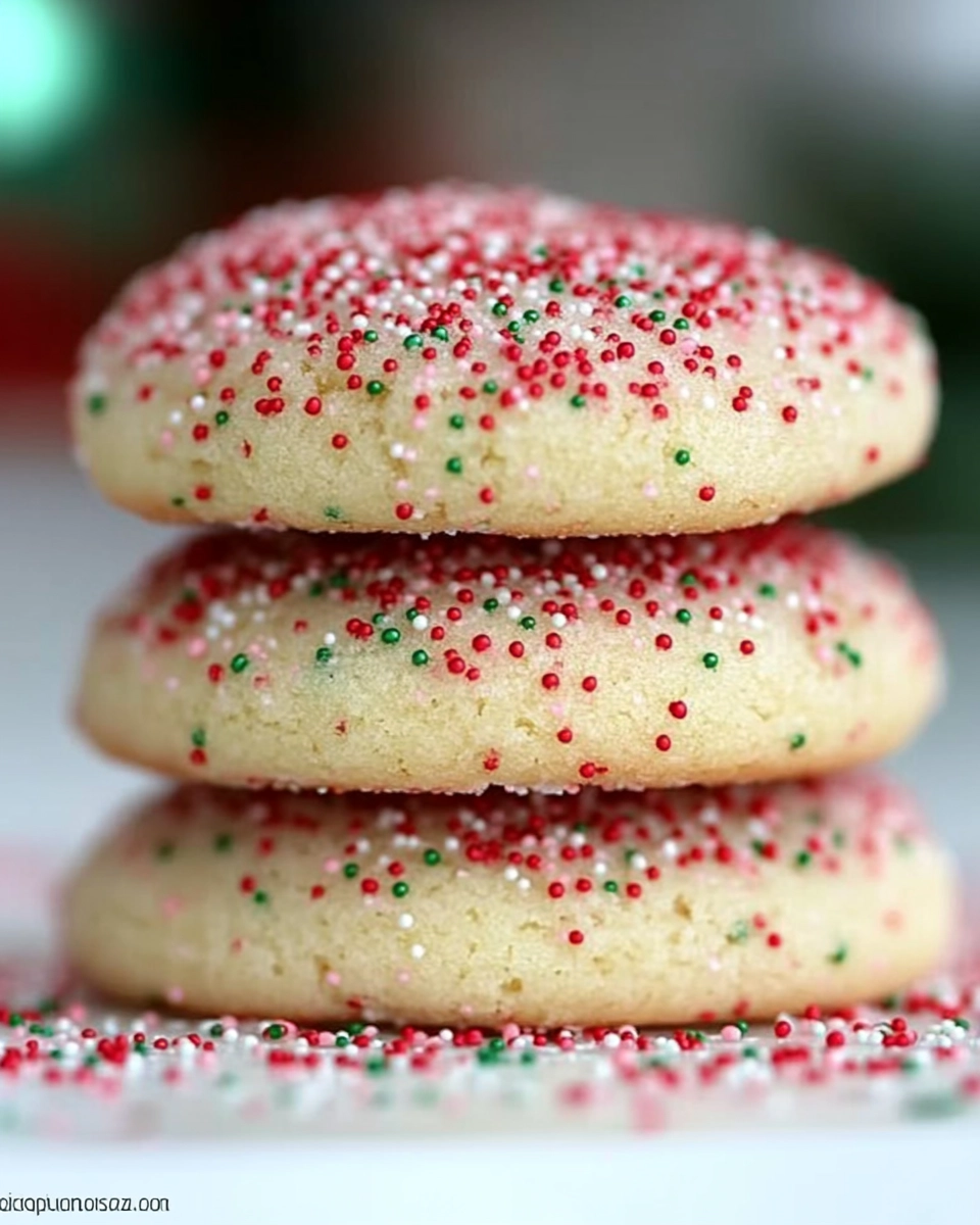 Stack of three sugar cookies with red and green sprinkles on a festive sprinkle-dusted surface.