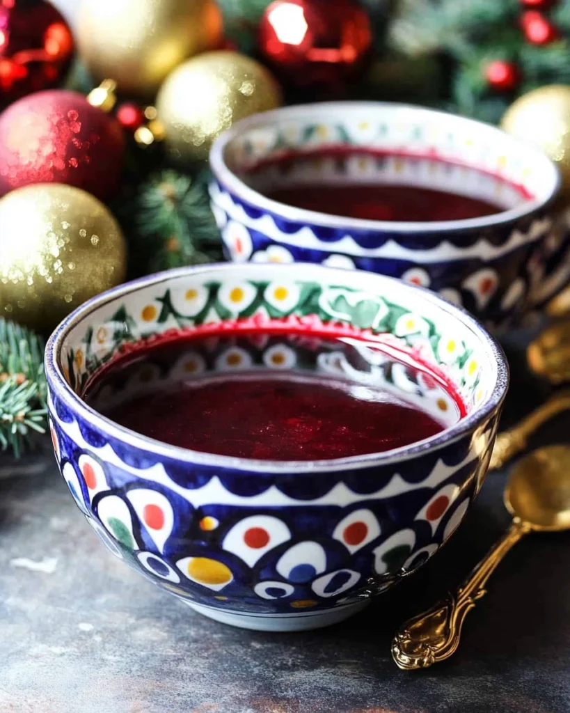 Two patterned ceramic bowls filled with hot red borscht soup, surrounded by Christmas decorations and ornaments.
