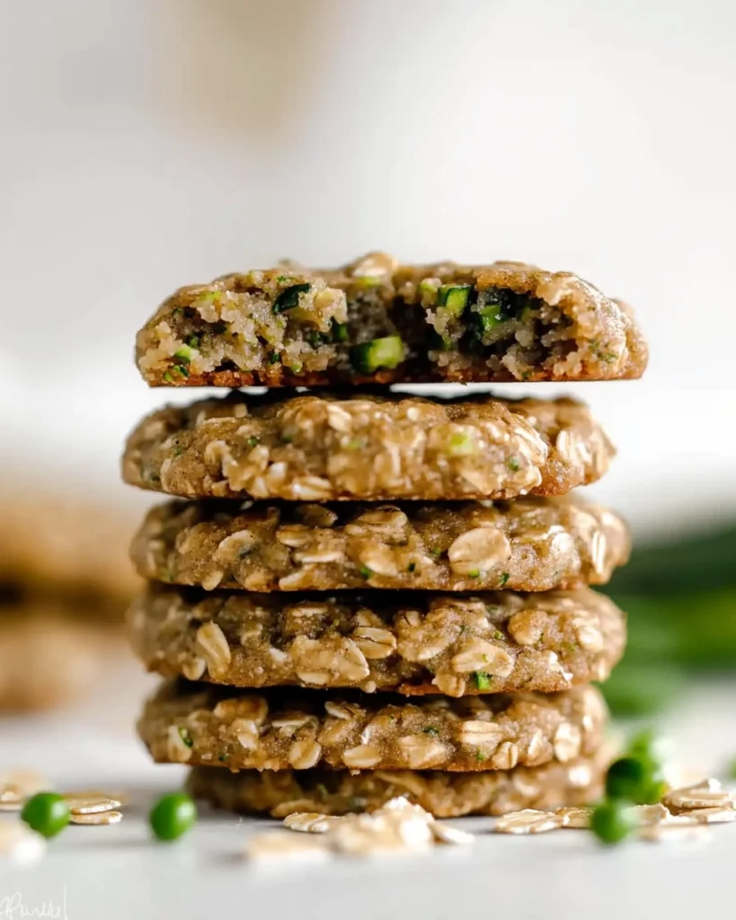 Stack of zucchini oatmeal cookies with the top cookie split in half showing moist texture