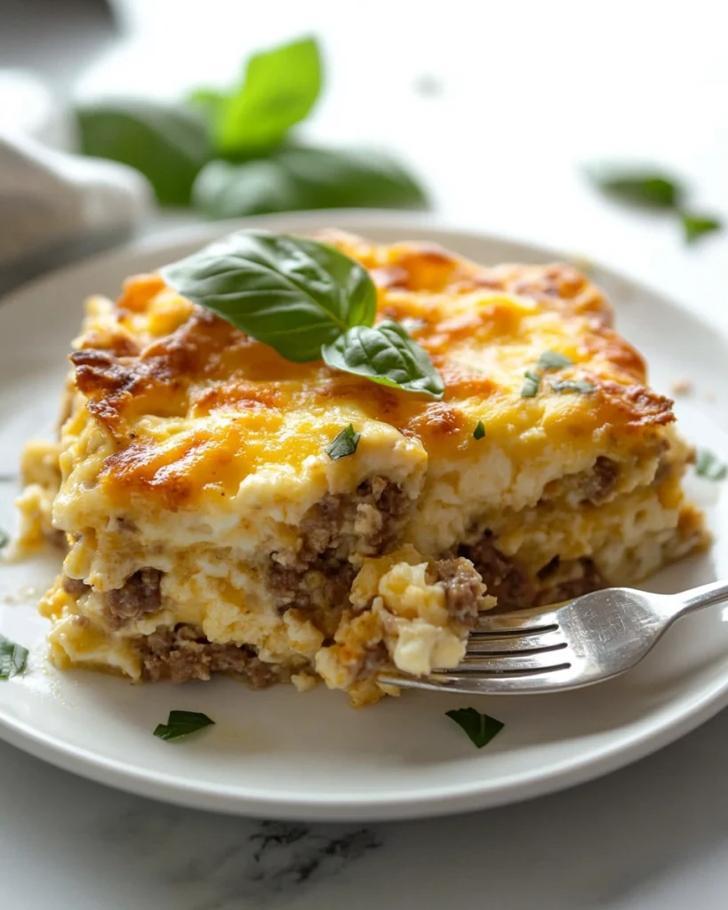 A fork cutting through a delicious breakfast casserole with sausage, cheese, and egg layers, garnished with fresh basil on a white plate.