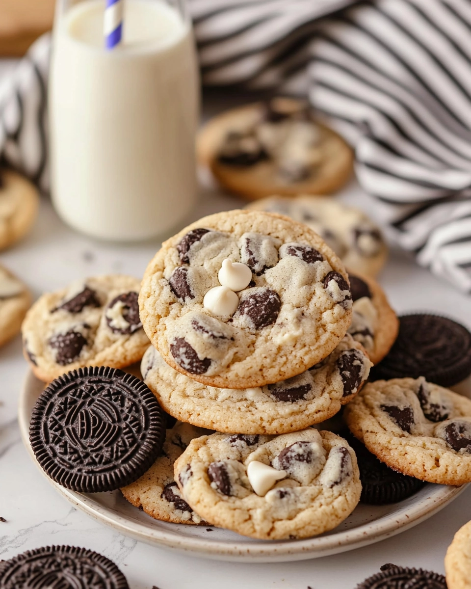 Close-up of cookies and cream cookies with white chocolate chips in a white bowl on a marble surface