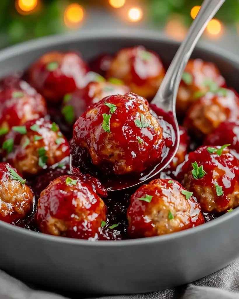 Spoonful of cranberry glazed meatballs lifted from a bowl, coated in sticky red sauce and topped with fresh parsley.