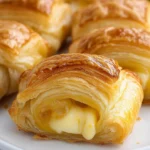 Close-up of a golden puff pastry cheese bite with melted cheese oozing out.