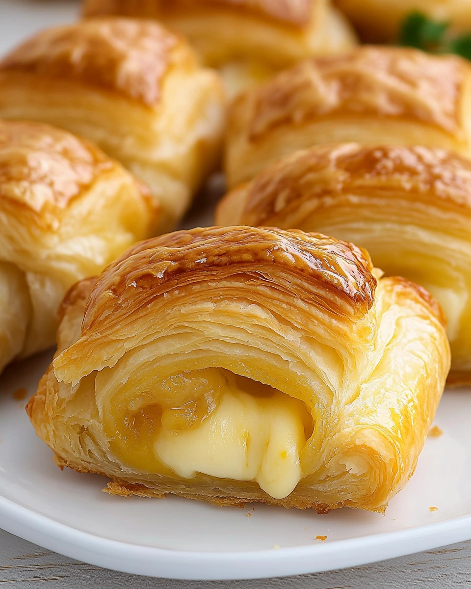 Close-up of a golden puff pastry cheese bite with melted cheese oozing out.
