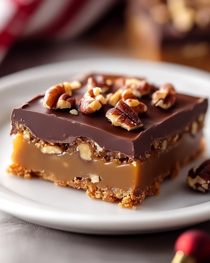 Close-up of a chocolate toffee bar with caramel filling, chopped pecans, and a graham cracker crust.