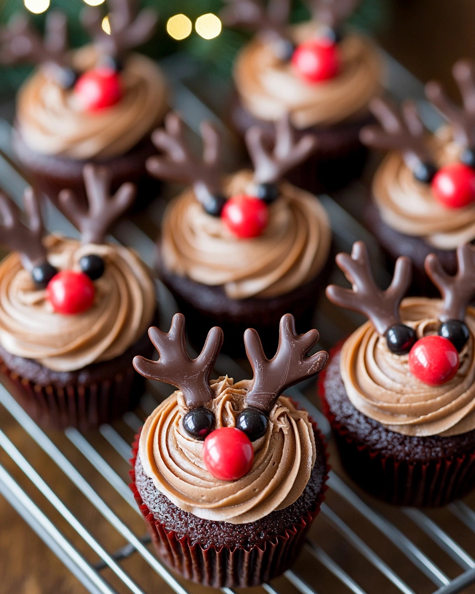 Chocolate reindeer cupcakes with candy eyes and antlers on a wire rack next to holiday decorations.