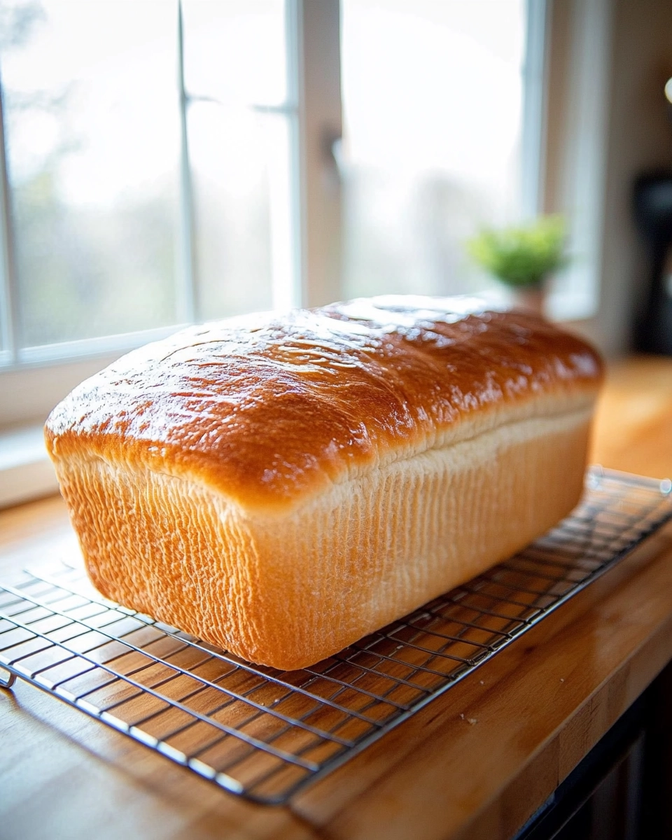 Glossy Amish white bread loaf cooling on a rack near a sunny farmhouse window

