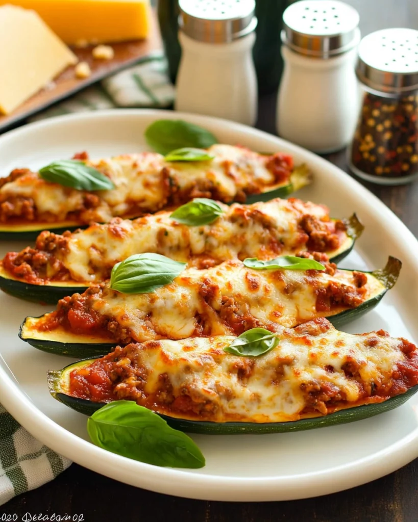 Tray of cheesy zucchini boats stuffed with meat and marinara, topped with melted mozzarella.