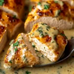 Serving spoon lifting golden-brown chicken topped with creamy herb sauce.