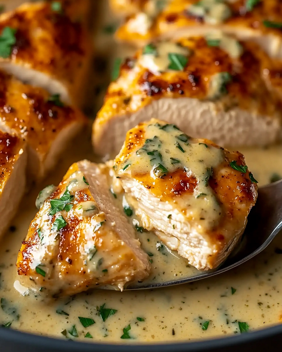 Serving spoon lifting golden-brown chicken topped with creamy herb sauce.