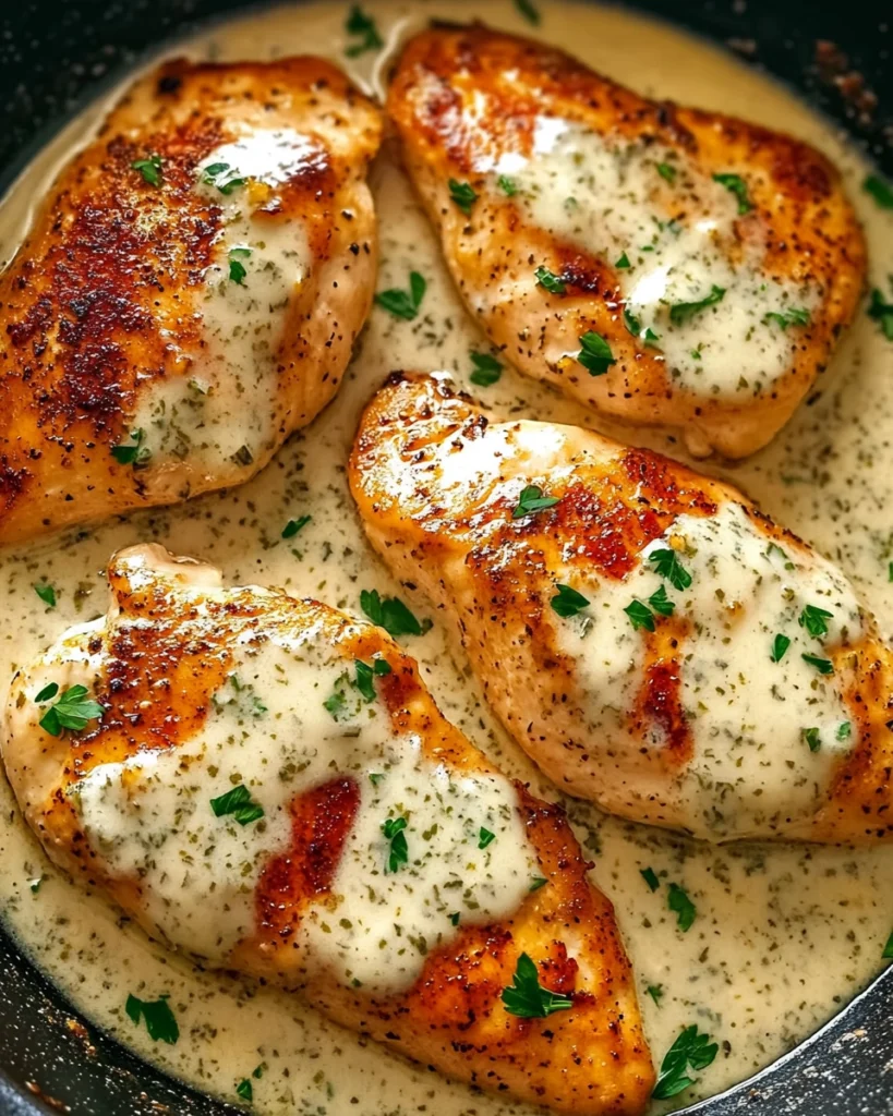 Golden pan-seared chicken breasts topped with creamy herb sauce and parsley.