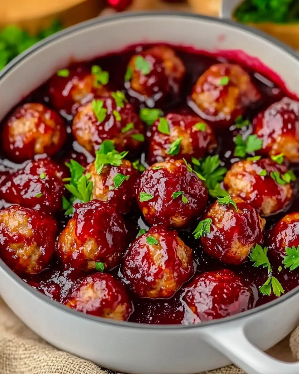 Cranberry glazed meatballs garnished with fresh parsley in a white pot, served in a rich red holiday sauce.