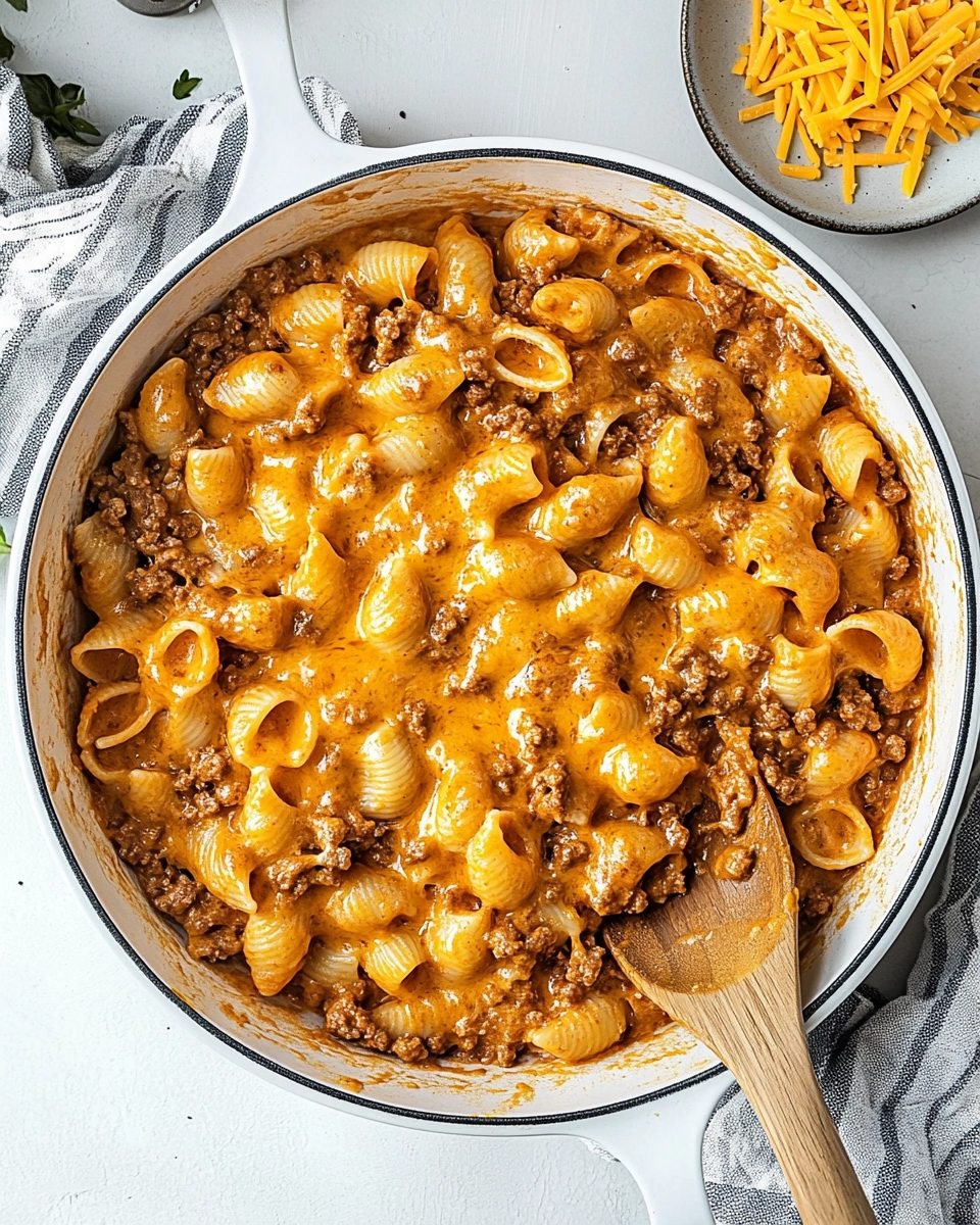 Overhead view of cheesy pasta shells with ground beef in a skillet and serving bowls.