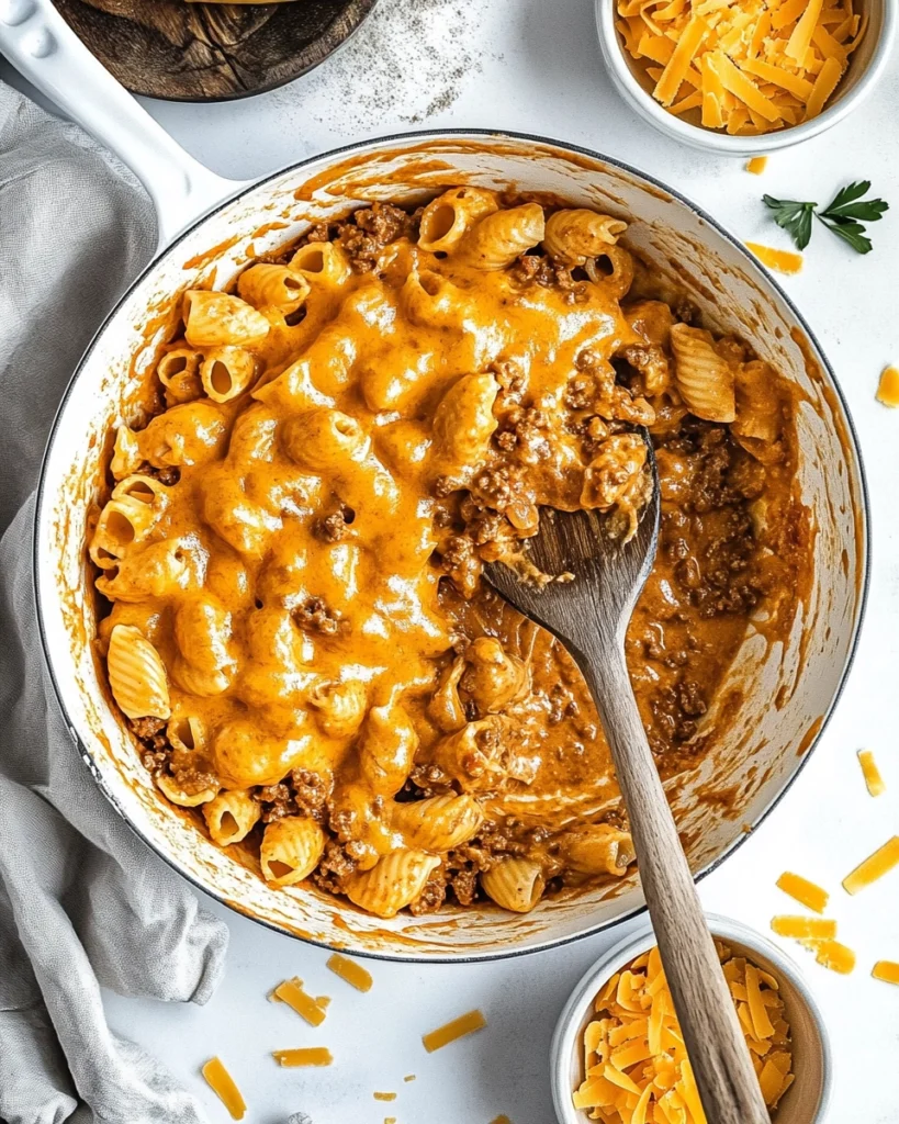 Overhead view of cheesy pasta shells with ground beef in a skillet and serving bowls.