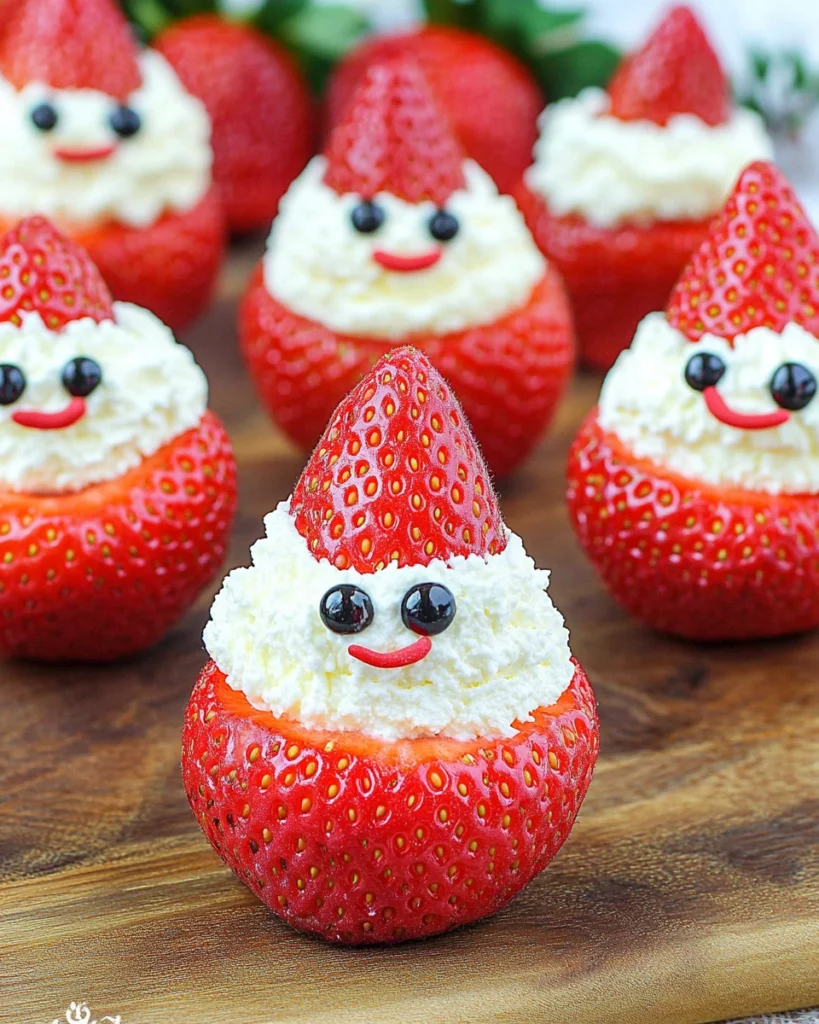 Strawberry Santas with whipped cream faces and hats, arranged on a wooden board for a festive holiday treat.