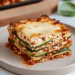 Single slice of zucchini lasagna on a plate with layers of cheese, zucchini, and marinara